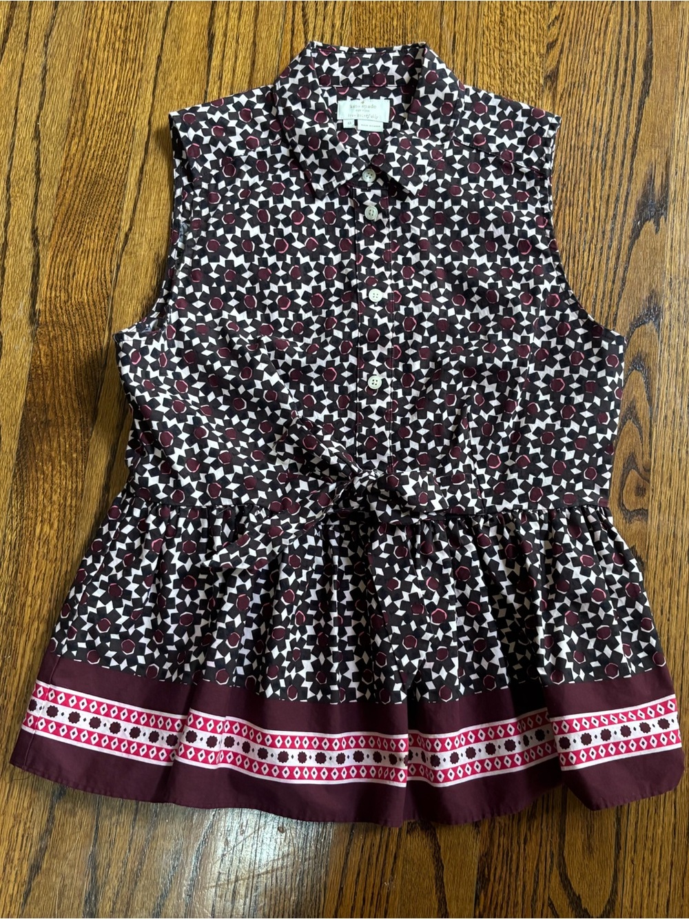 Kate Spade Geometric Collared Button Front Bow Waist Blouse Size M